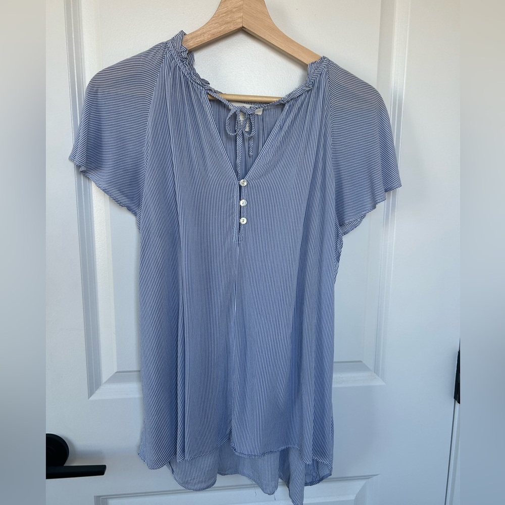 H&M Blue and White Striped V-Neck Shirt
